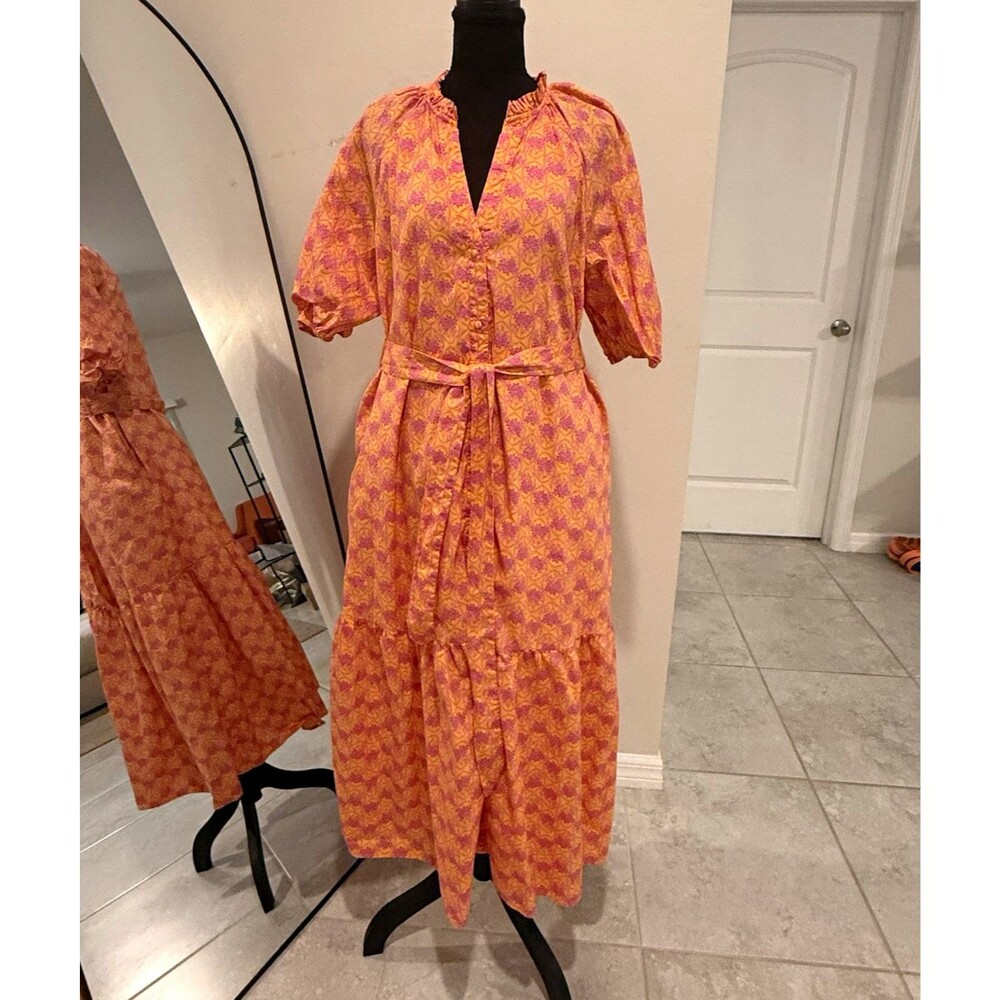 100% Cotton Women’s XL Orange/Purple Floral Midi Puff Sleeve Pocket by Sugarlips - Picture 2 of 14